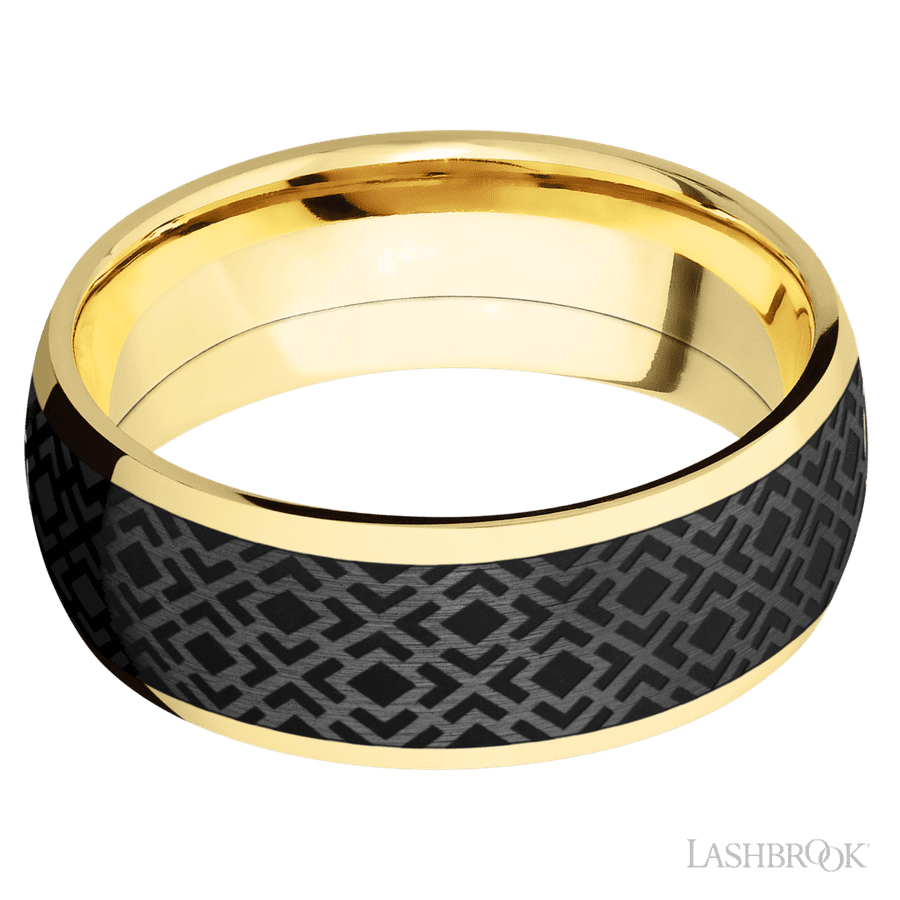 8 mm wide/Domed/14K Yellow Gold band with one 6 mm Centered inlay of Zirconium with a laser carved Trellis 2 pattern.
