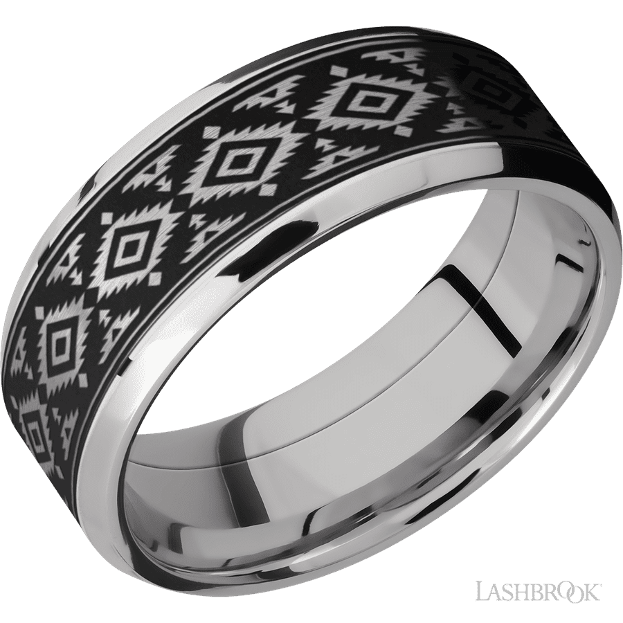 8 mm wide/Beveled/Cobalt Chrome band with one 6 mm Centered inlay of Tantalum with a laser carved Aztec 2 pattern.
