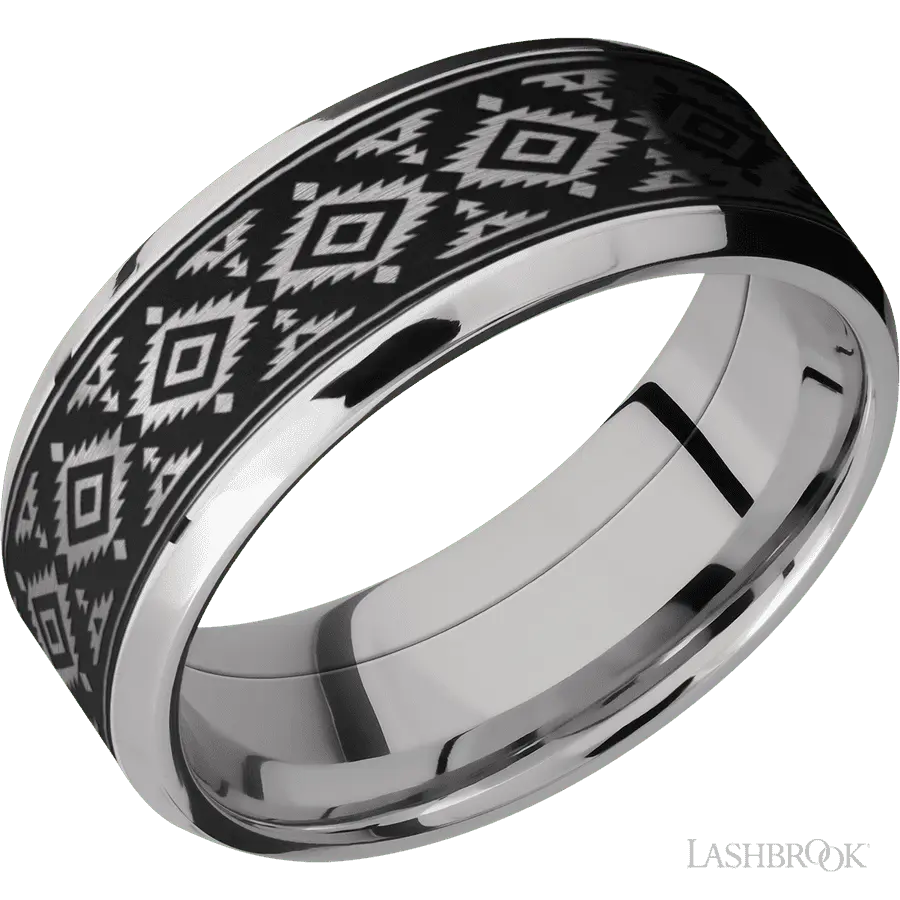 8 mm wide/Beveled/Cobalt Chrome band with one 6 mm Centered inlay of Tantalum with a laser carved Aztec 2 pattern.