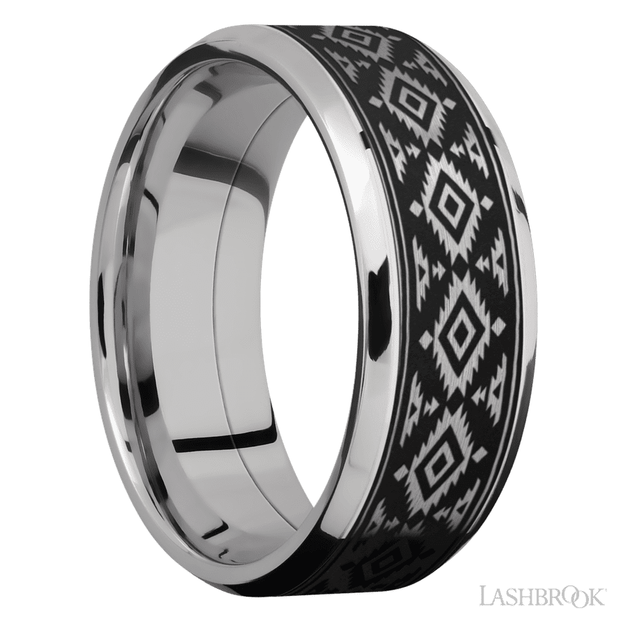 8 mm wide/Beveled/Cobalt Chrome band with one 6 mm Centered inlay of Tantalum with a laser carved Aztec 2 pattern.