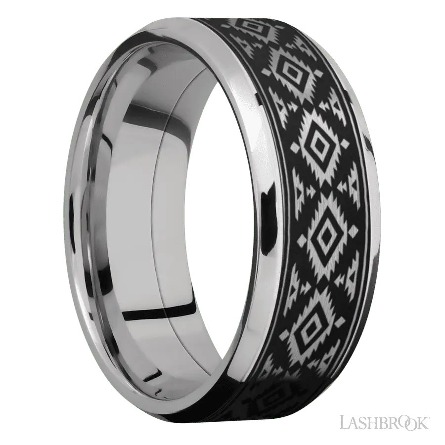 8 mm wide/Beveled/Cobalt Chrome band with one 6 mm Centered inlay of Tantalum with a laser carved Aztec 2 pattern.