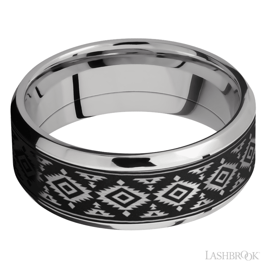 8 mm wide/Beveled/Cobalt Chrome band with one 6 mm Centered inlay of Tantalum with a laser carved Aztec 2 pattern.