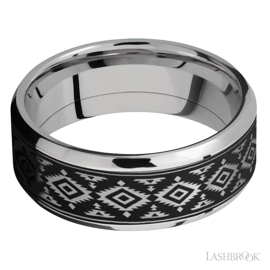 8 mm wide/Beveled/Cobalt Chrome band with one 6 mm Centered inlay of Tantalum with a laser carved Aztec 2 pattern.