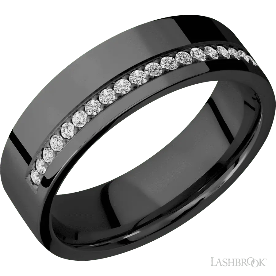 7 mm wide/Flat/Zirconium band with a Off Center Half Eternity arrangement of .015 carat Round Diamond stones in a Bead setting.