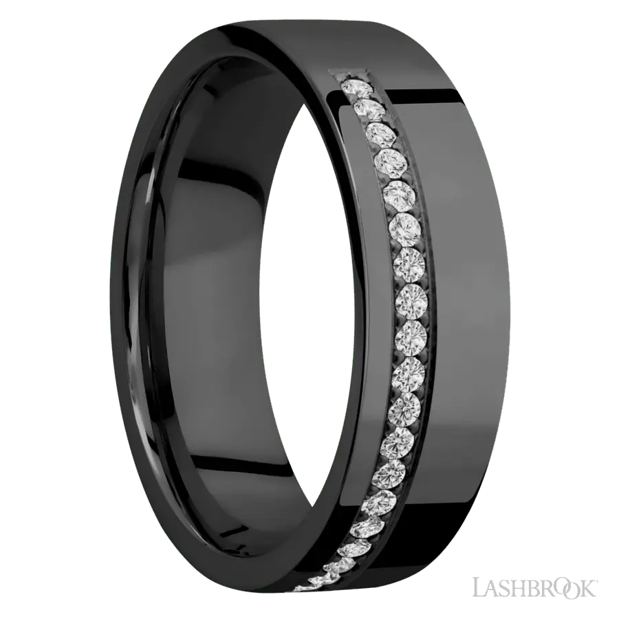 7 mm wide/Flat/Zirconium band with a Off Center Half Eternity arrangement of .015 carat Round Diamond stones in a Bead setting.