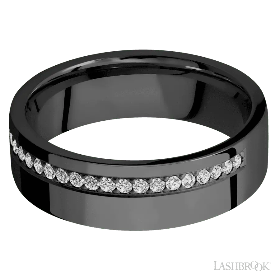 7 mm wide/Flat/Zirconium band with a Off Center Half Eternity arrangement of .015 carat Round Diamond stones in a Bead setting.