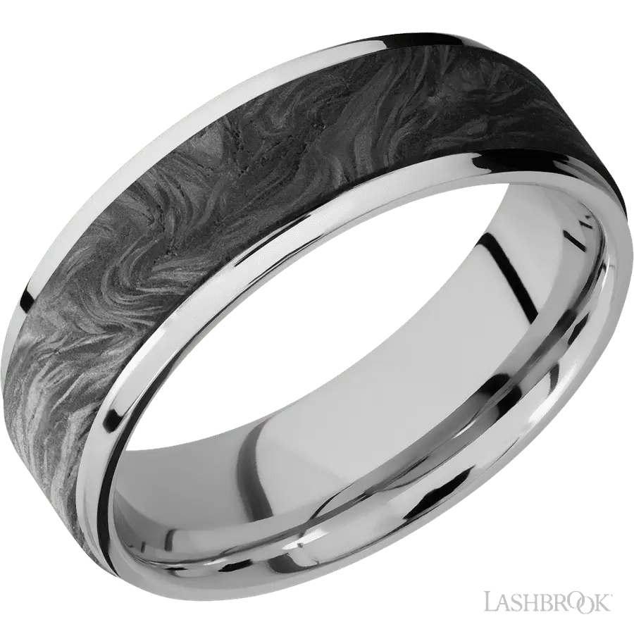 7 mm wide/Flat Grooved Edges/Cobalt Chrome band with one 5 mm Raised Centered inlay of Forged Carbon Fiber.