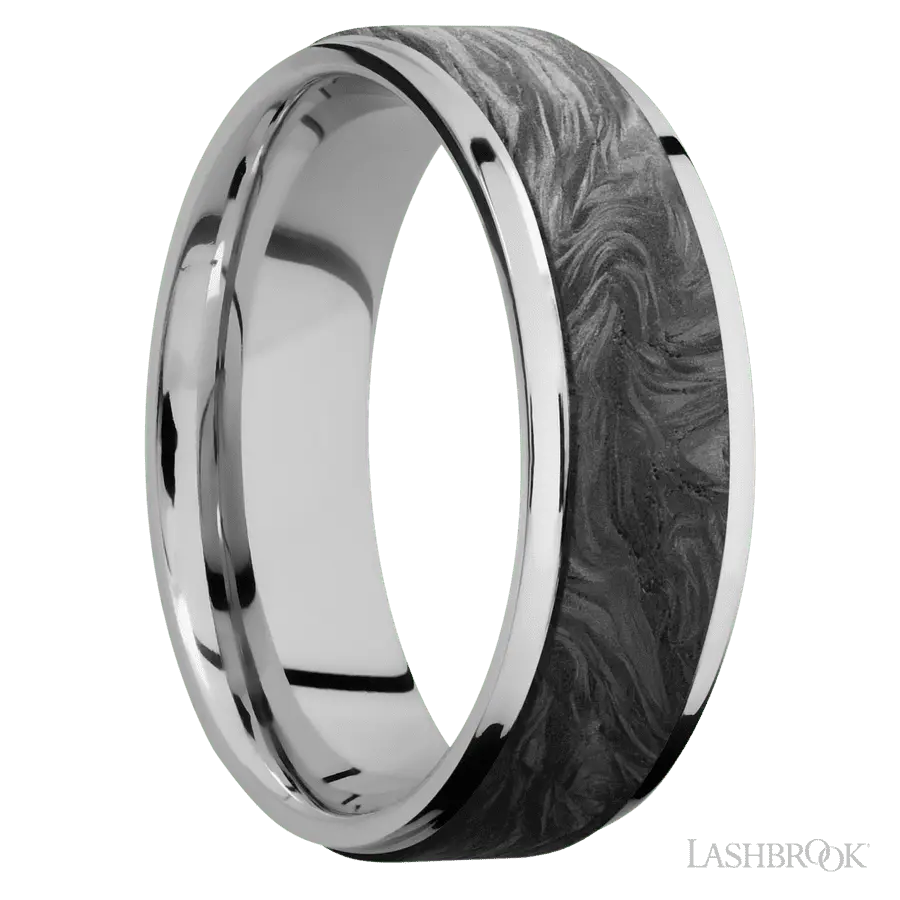 7 mm wide/Flat Grooved Edges/Cobalt Chrome band with one 5 mm Raised Centered inlay of Forged Carbon Fiber.