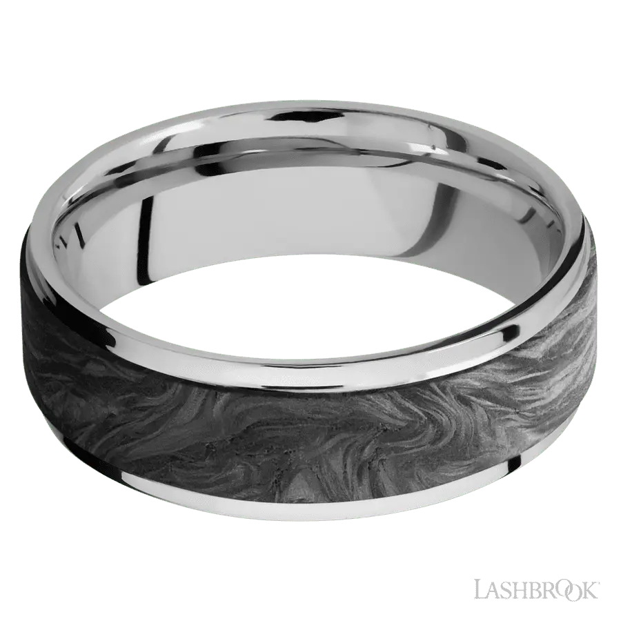 7 mm wide/Flat Grooved Edges/Cobalt Chrome band with one 5 mm Raised Centered inlay of Forged Carbon Fiber.