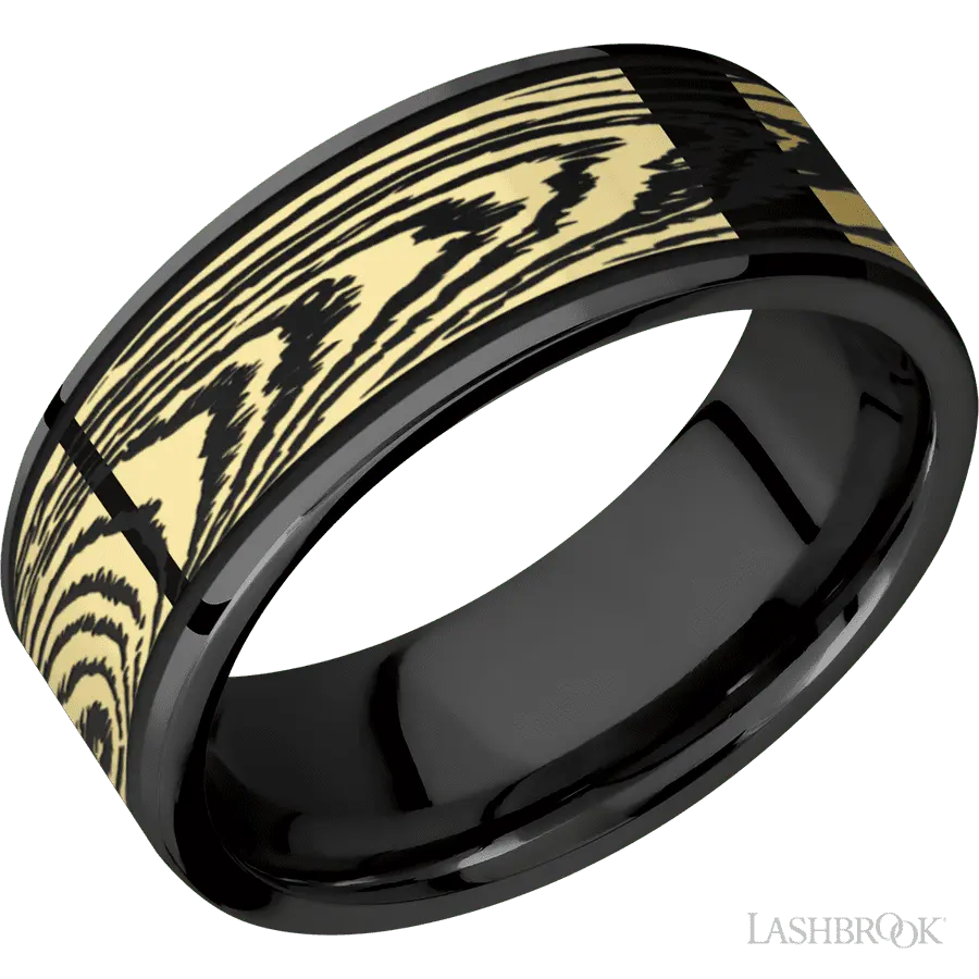 8 mm wide/Flat/Zirconium band with one 6 mm Centered inlay of 14K Yellow Gold with a laser carved Woodgrain pattern.