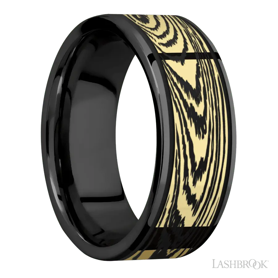 8 mm wide/Flat/Zirconium band with one 6 mm Centered inlay of 14K Yellow Gold with a laser carved Woodgrain pattern.