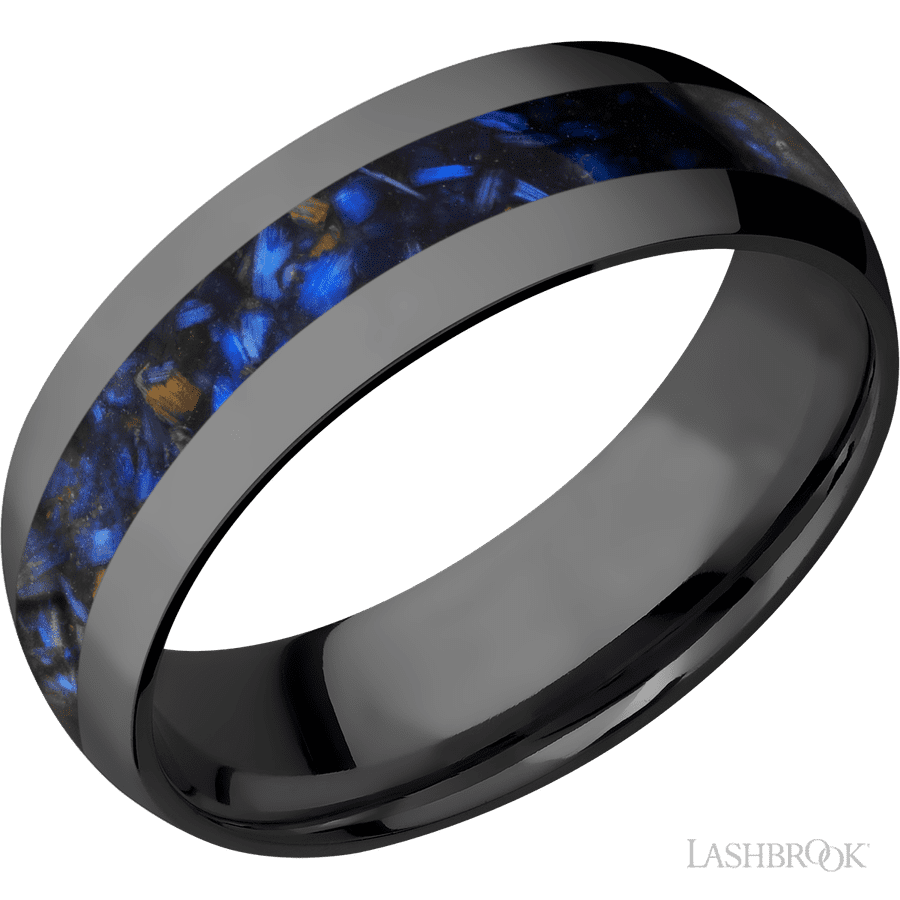7 mm wide/Domed/Zirconium band with one 3 mm Centered inlay of Blue Tiger Eye.