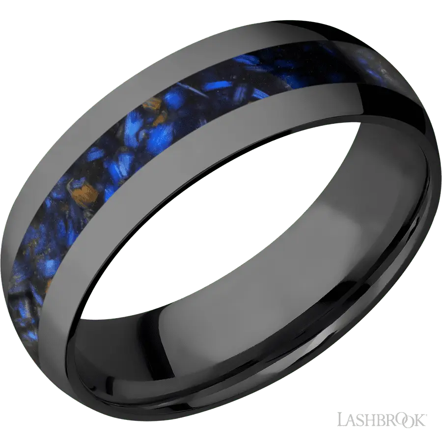 7 mm wide/Domed/Zirconium band with one 3 mm Centered inlay of Blue Tiger Eye.