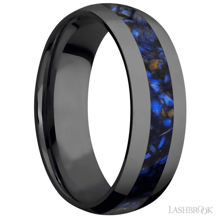 7 mm wide/Domed/Zirconium band with one 3 mm Centered inlay of Blue Tiger Eye.