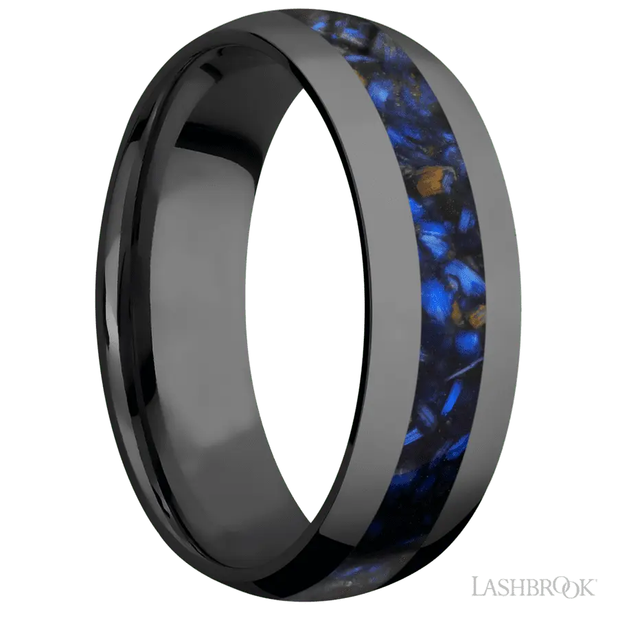 7 mm wide/Domed/Zirconium band with one 3 mm Centered inlay of Blue Tiger Eye.