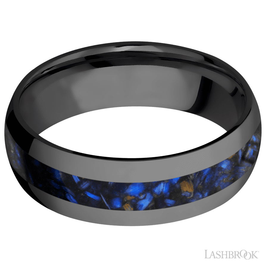 7 mm wide/Domed/Zirconium band with one 3 mm Centered inlay of Blue Tiger Eye.