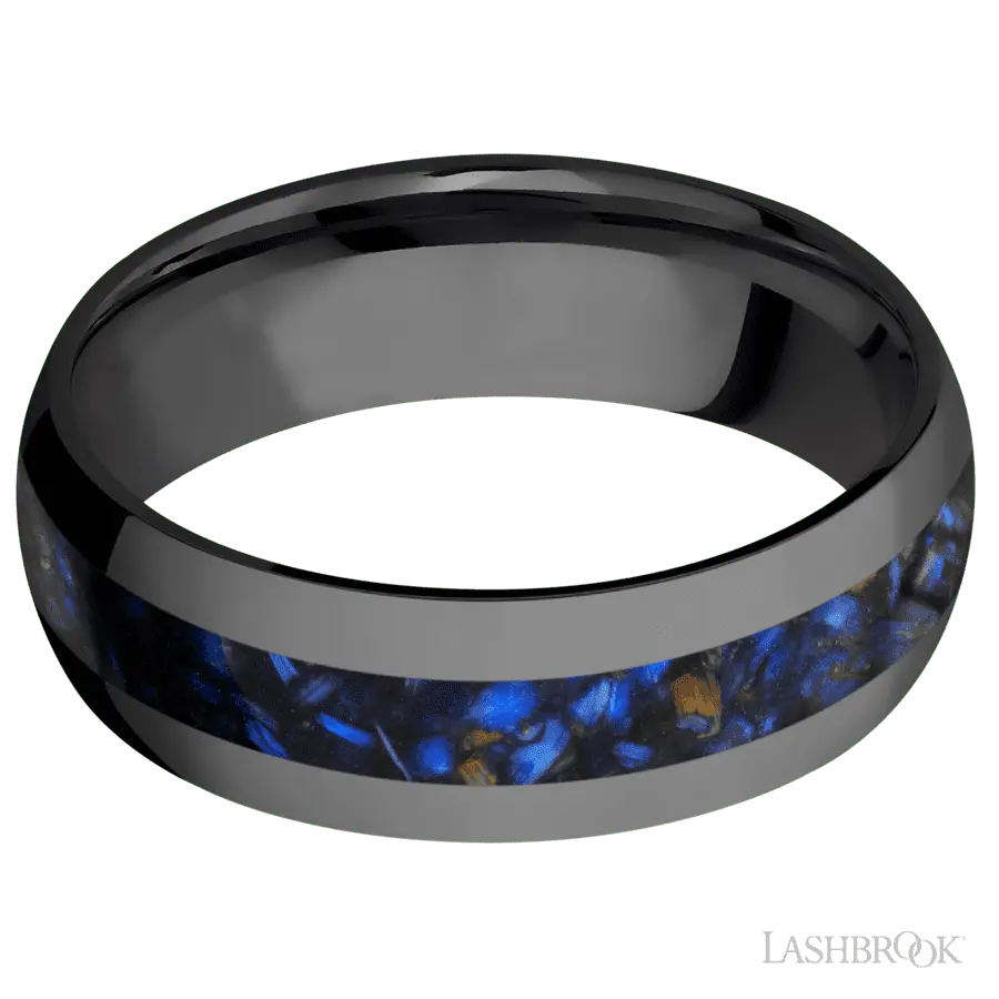 7 mm wide/Domed/Zirconium band with one 3 mm Centered inlay of Blue Tiger Eye.