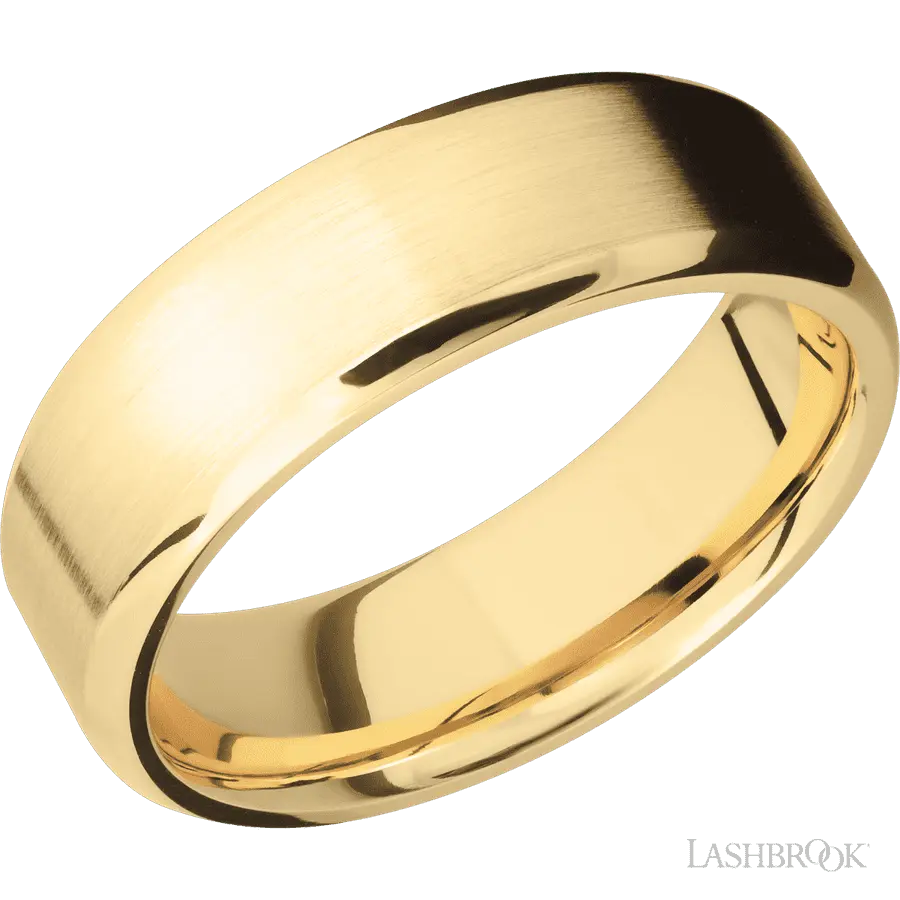 7 mm wide Beveled 10K Yellow Gold band.