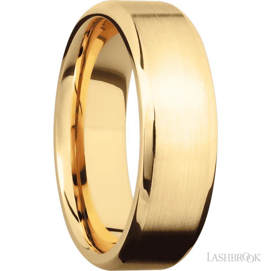7 mm wide Beveled 10K Yellow Gold band. Lashbrook