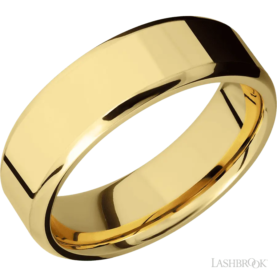 7 mm wide Beveled 14K Yellow Gold band. Lashbrook