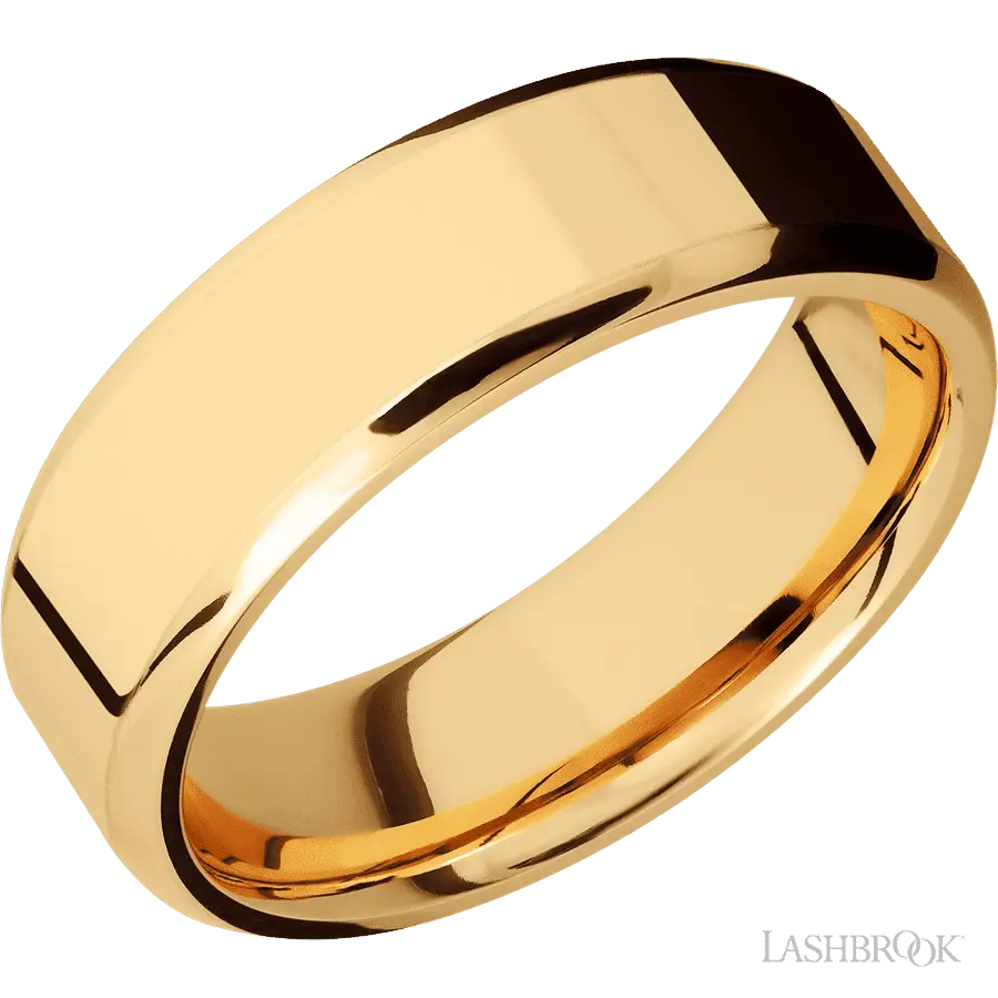 7 mm wide Beveled 14K Yellow Gold band.