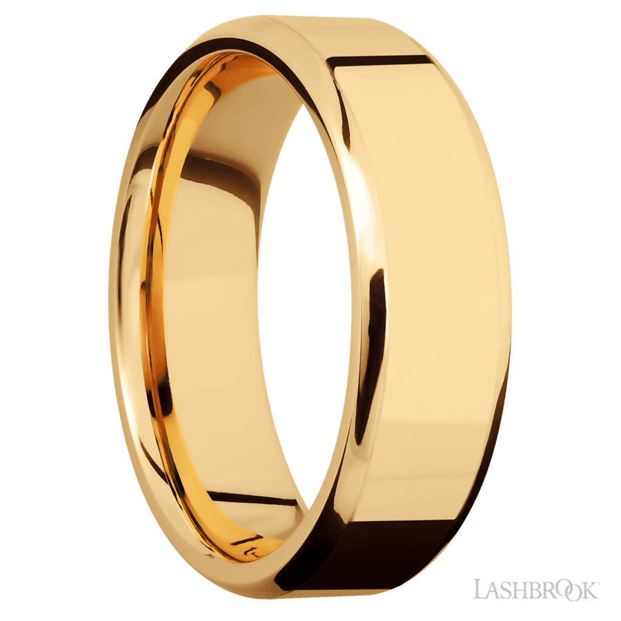 7 mm wide Beveled 14K Yellow Gold band.