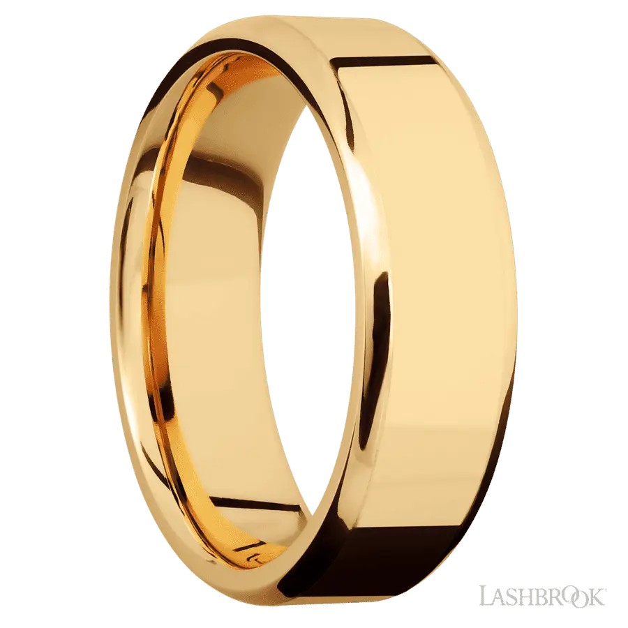 7 mm wide Beveled 14K Yellow Gold band.