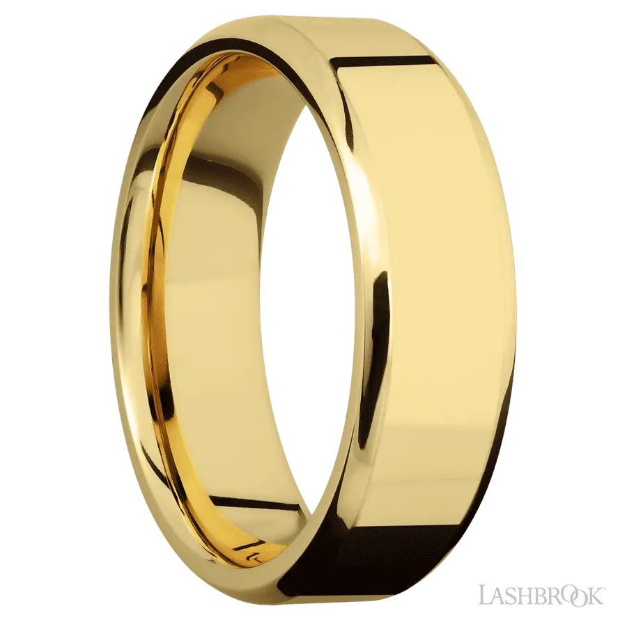 7 mm wide Beveled 14K Yellow Gold band.