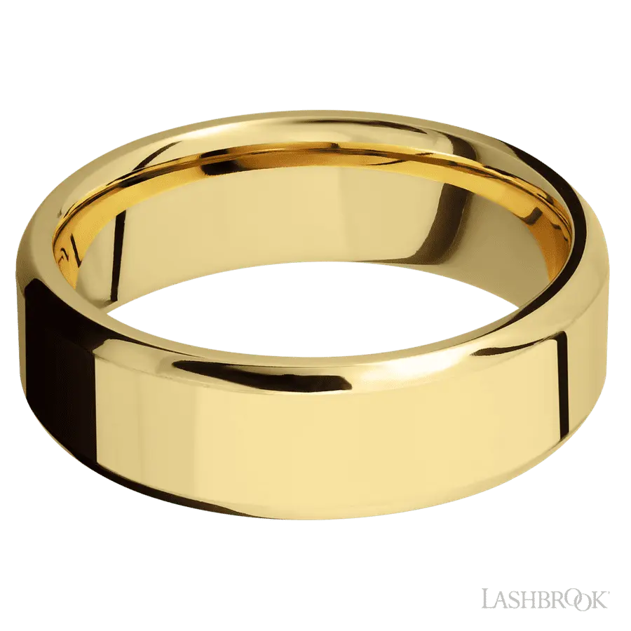 7 mm wide Beveled 14K Yellow Gold band.
