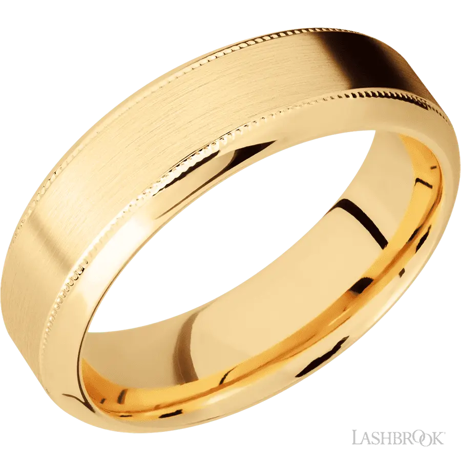7 mm wide High Bevel Milgrain 14K Yellow Gold band.