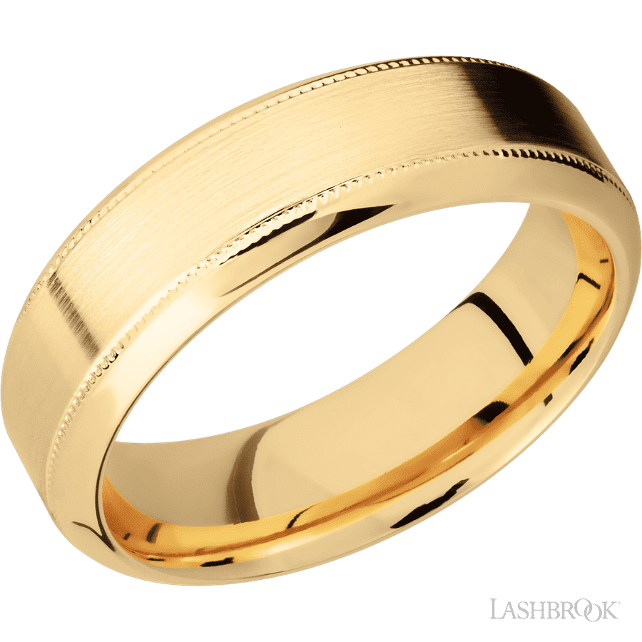 7 mm wide High Bevel Milgrain 14K Yellow Gold band.
