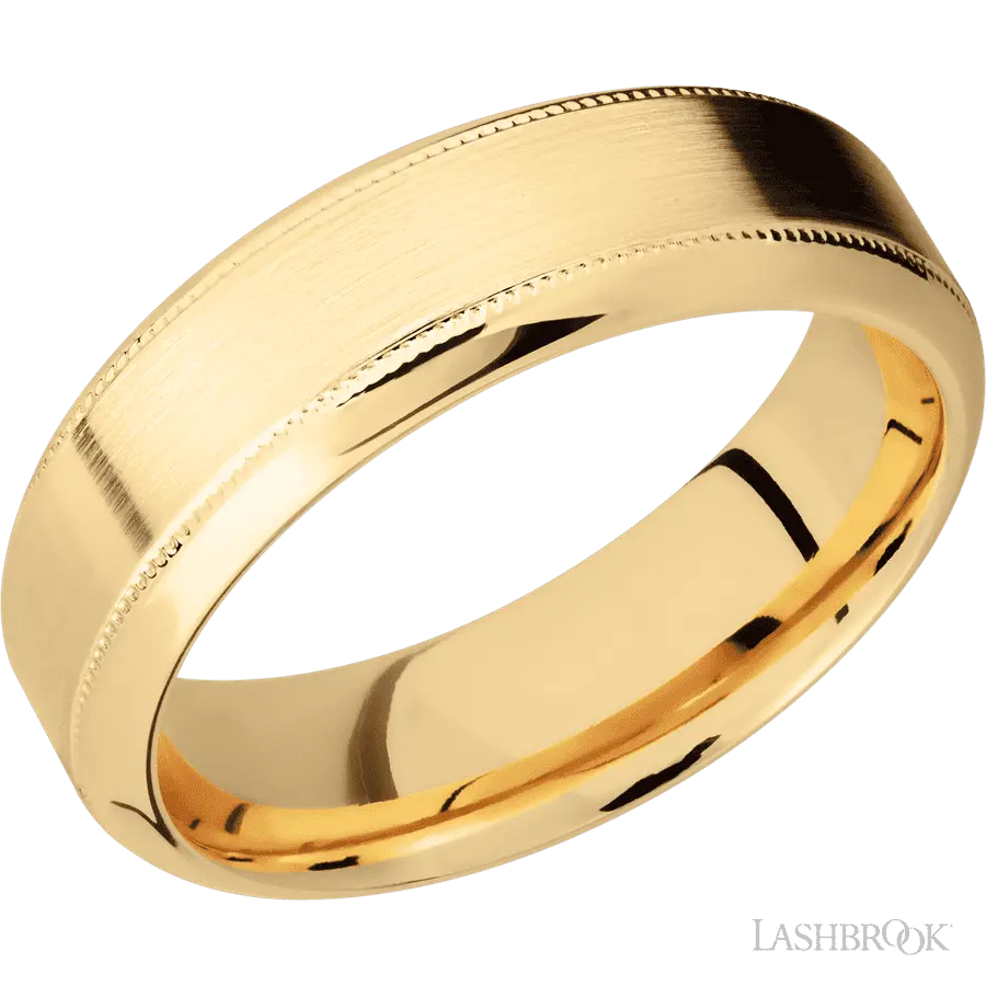 7 mm wide High Bevel Milgrain 14K Yellow Gold band.