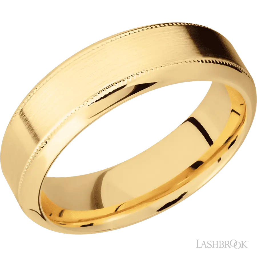 7 mm wide High Bevel Milgrain 14K Yellow Gold band.