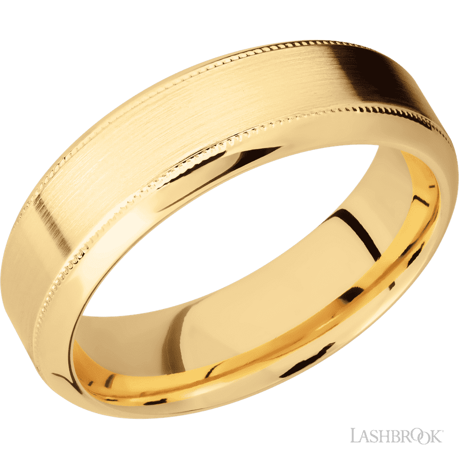 7 mm wide High Bevel Milgrain 14K Yellow Gold band.