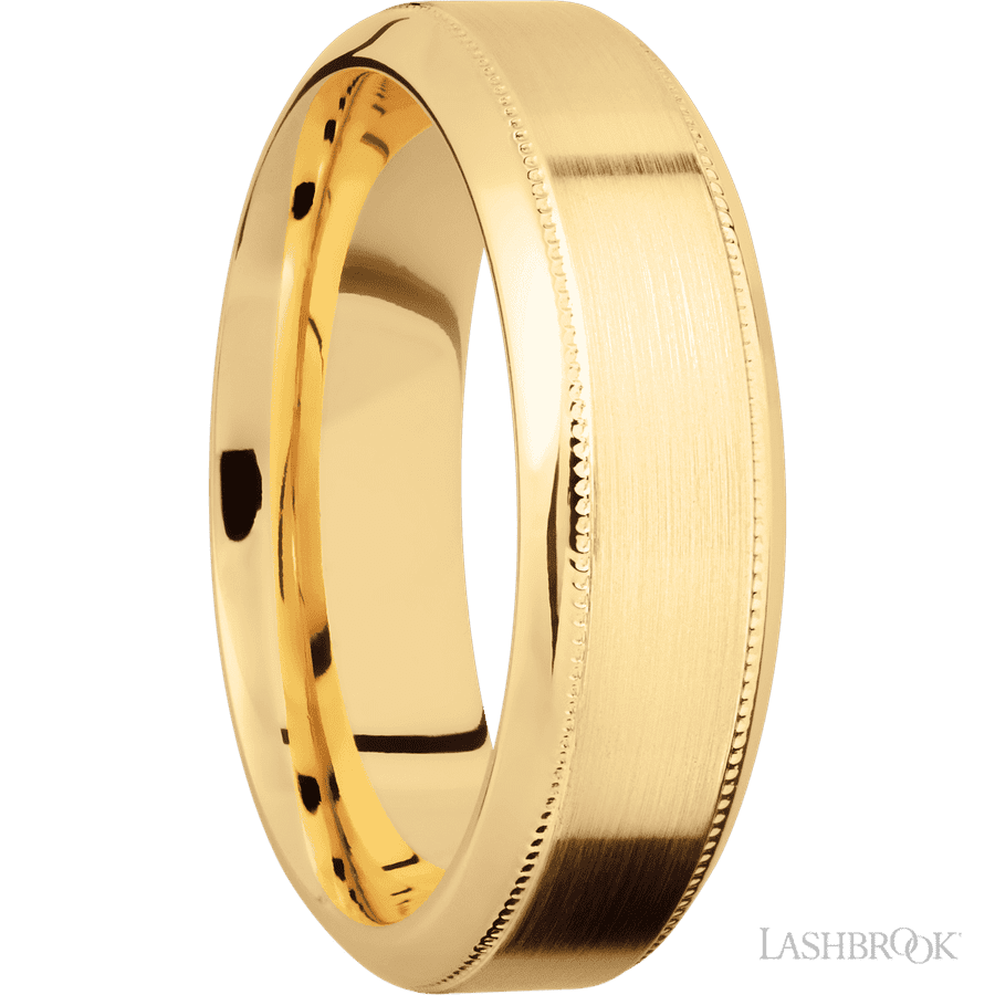 7 mm wide High Bevel Milgrain 14K Yellow Gold band.