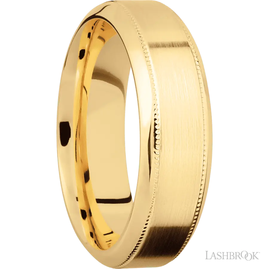 7 mm wide High Bevel Milgrain 14K Yellow Gold band.