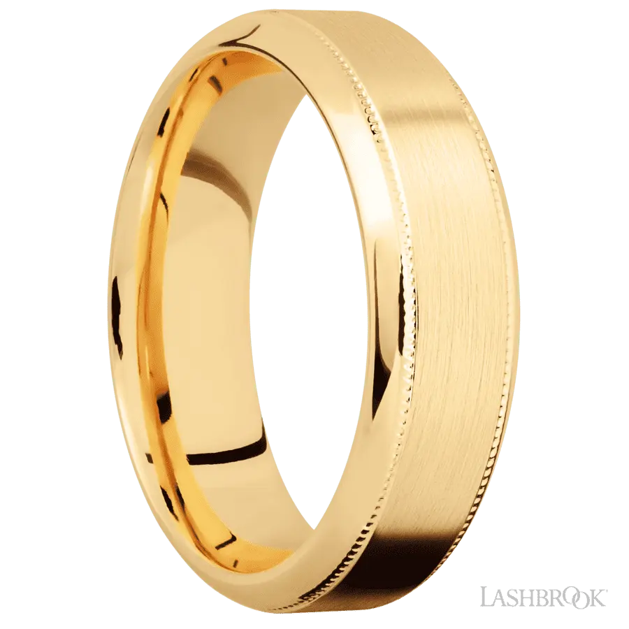 7 mm wide High Bevel Milgrain 14K Yellow Gold band.