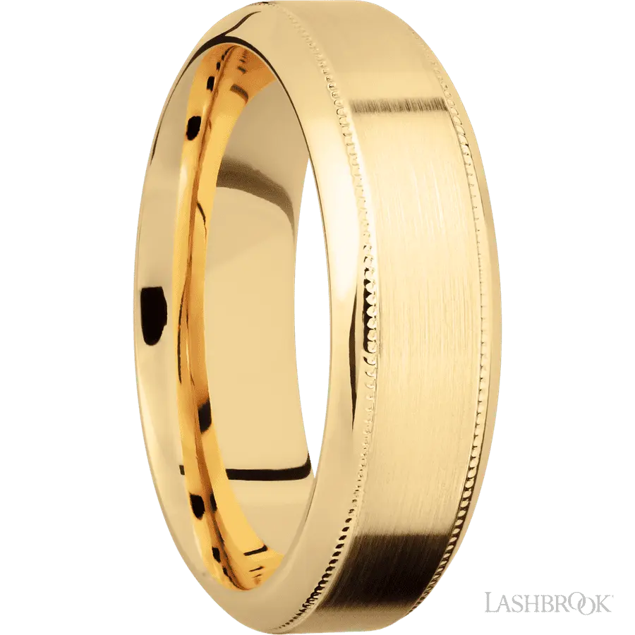 7 mm wide High Bevel Milgrain 14K Yellow Gold band. Lashbrook