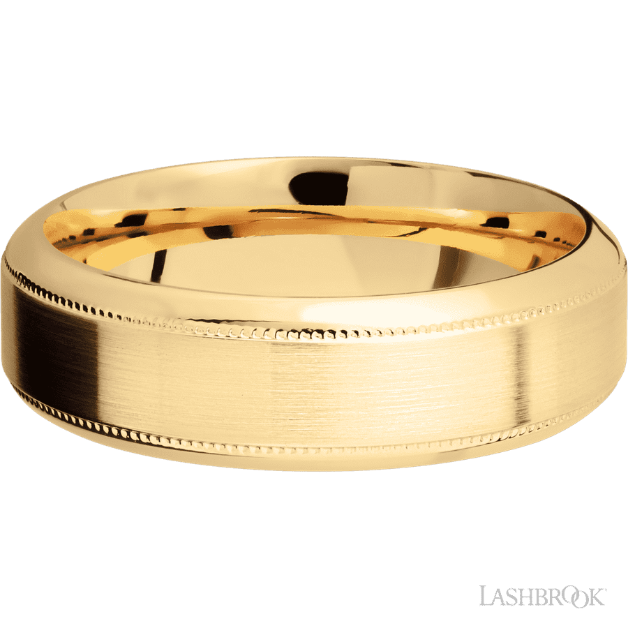 7 mm wide High Bevel Milgrain 14K Yellow Gold band.