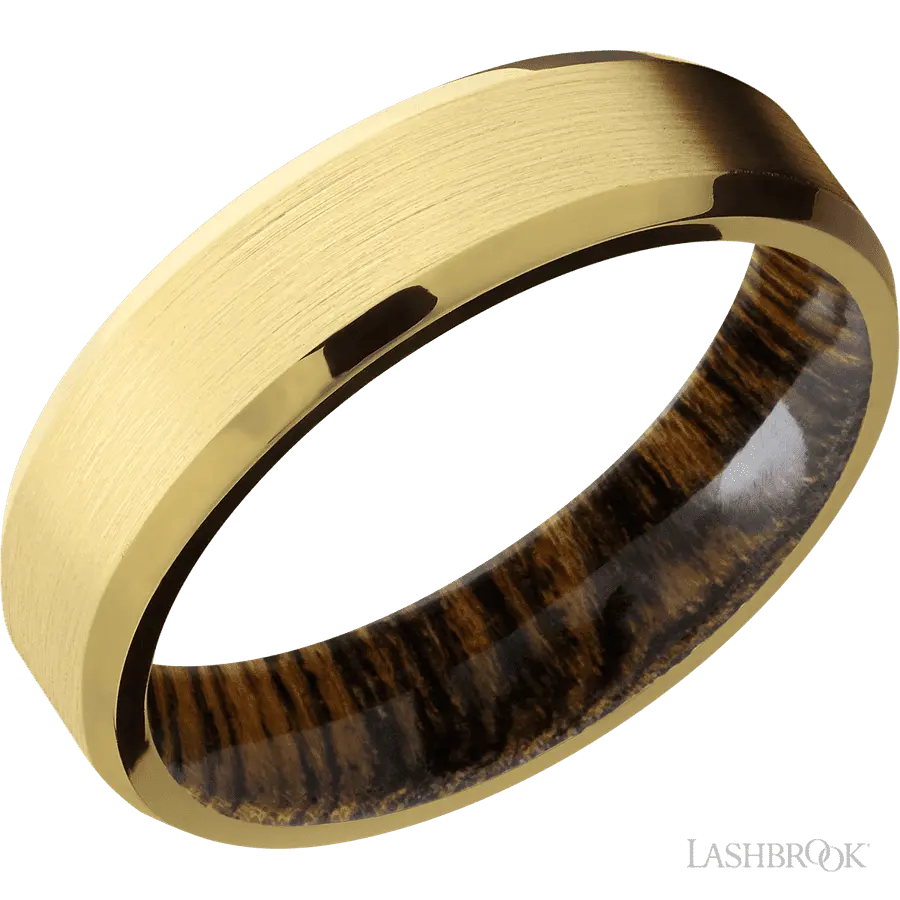 6 mm wide Beveled 18K Yellow Gold band featuring a Bocote sleeve.