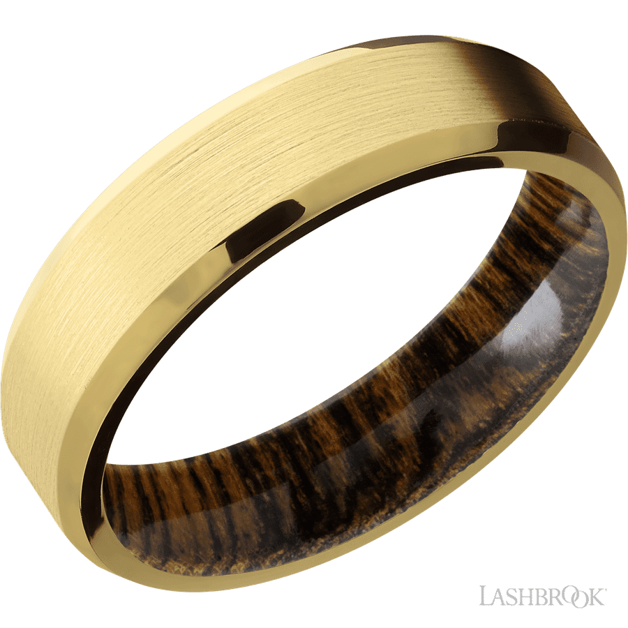 6 mm wide Beveled 18K Yellow Gold band featuring a Bocote sleeve.