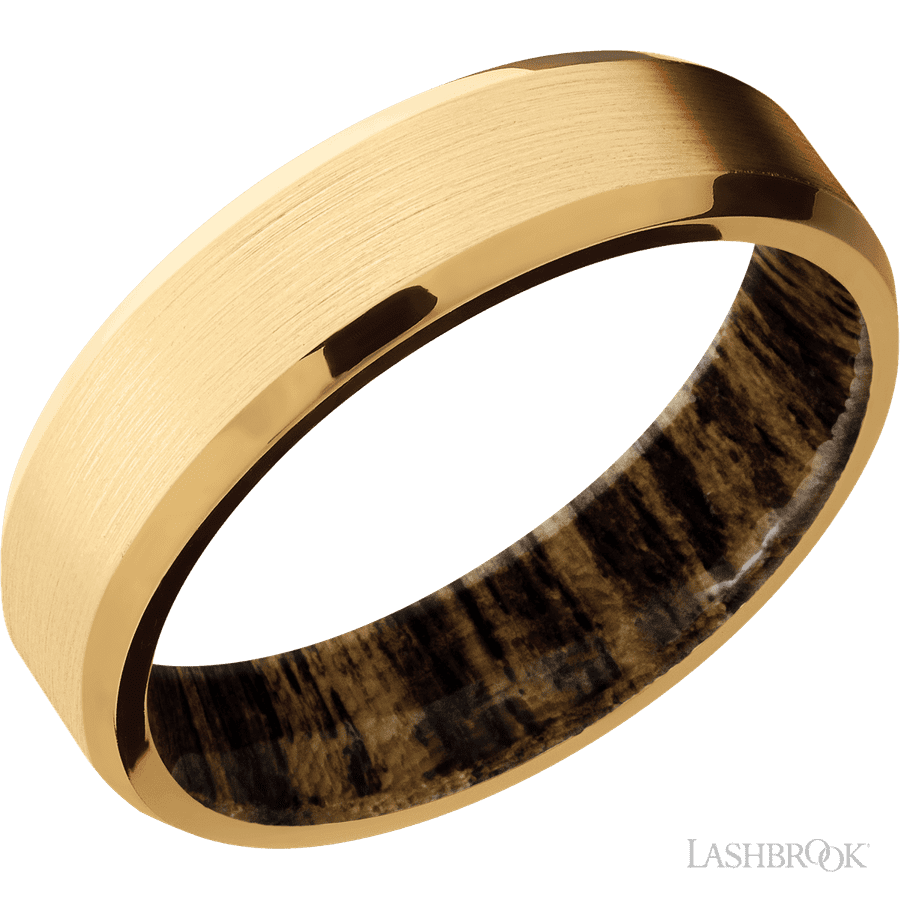6 mm wide Beveled 18K Yellow Gold band featuring a Bocote sleeve.