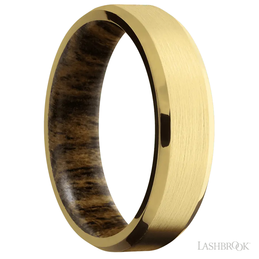 6 mm wide Beveled 18K Yellow Gold band featuring a Bocote sleeve.