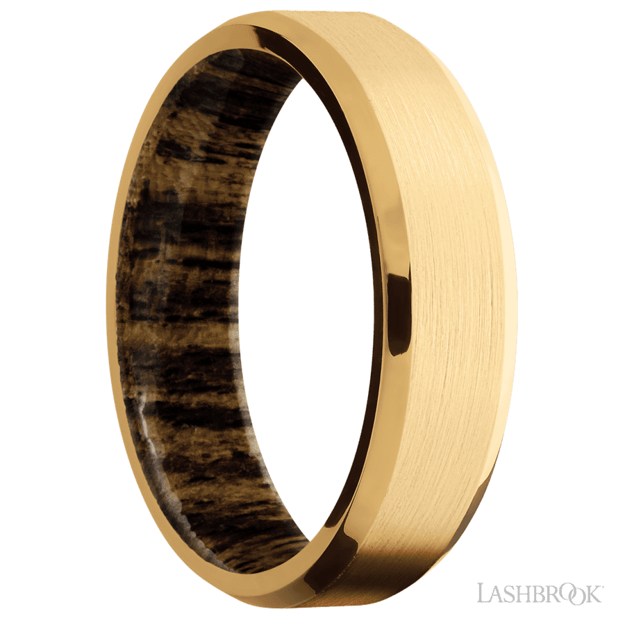 6 mm wide Beveled 18K Yellow Gold band featuring a Bocote sleeve.