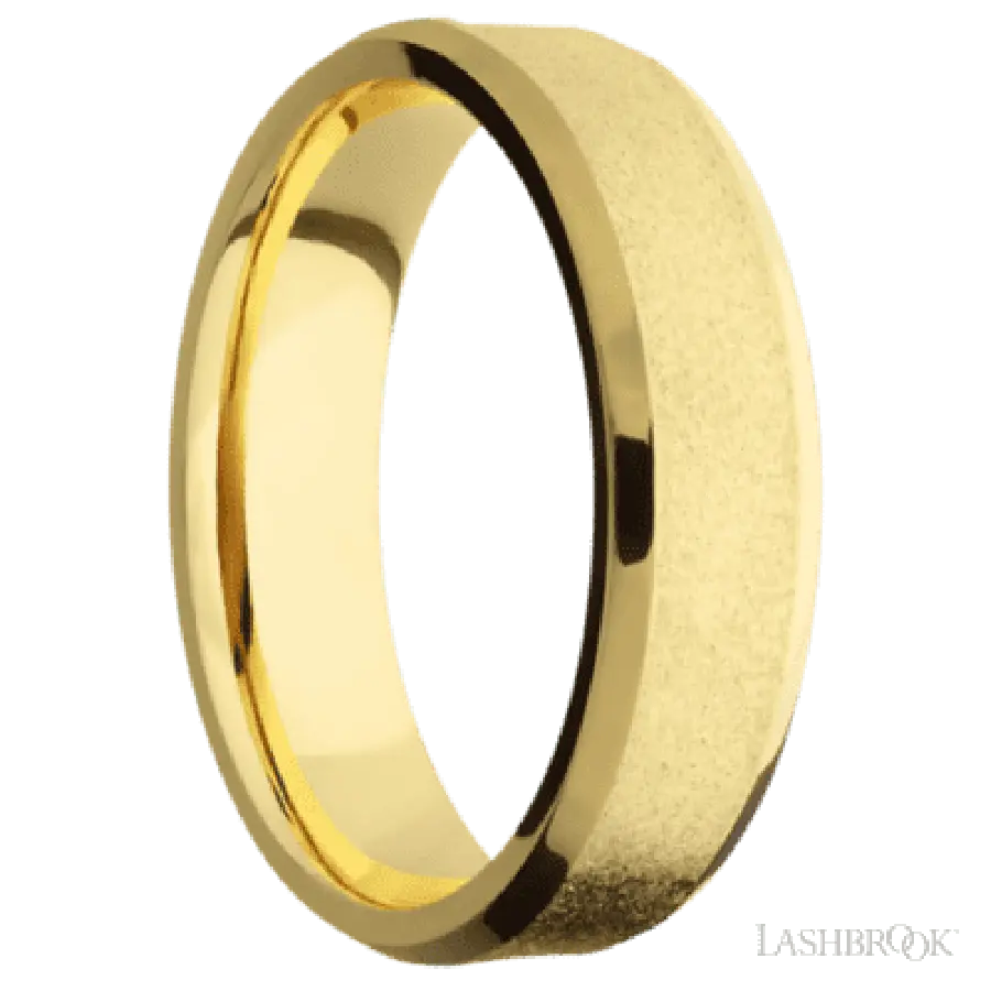 6 mm wide Beveled 18K Yellow Gold band featuring a Bocote sleeve. Lashbrook