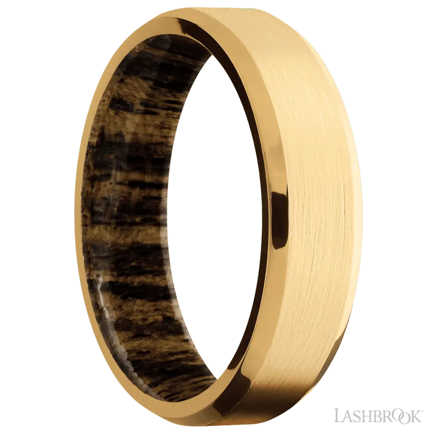 6 mm wide Beveled 18K Yellow Gold band featuring a Bocote sleeve.