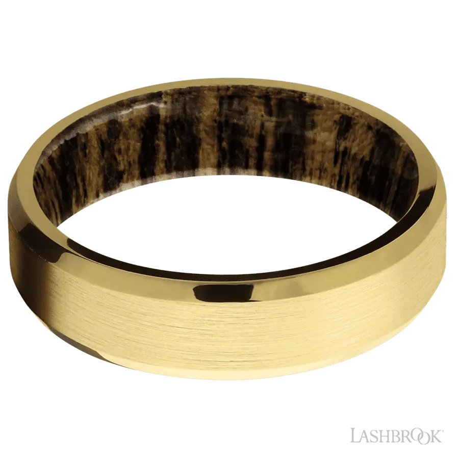 6 mm wide Beveled 18K Yellow Gold band featuring a Bocote sleeve.