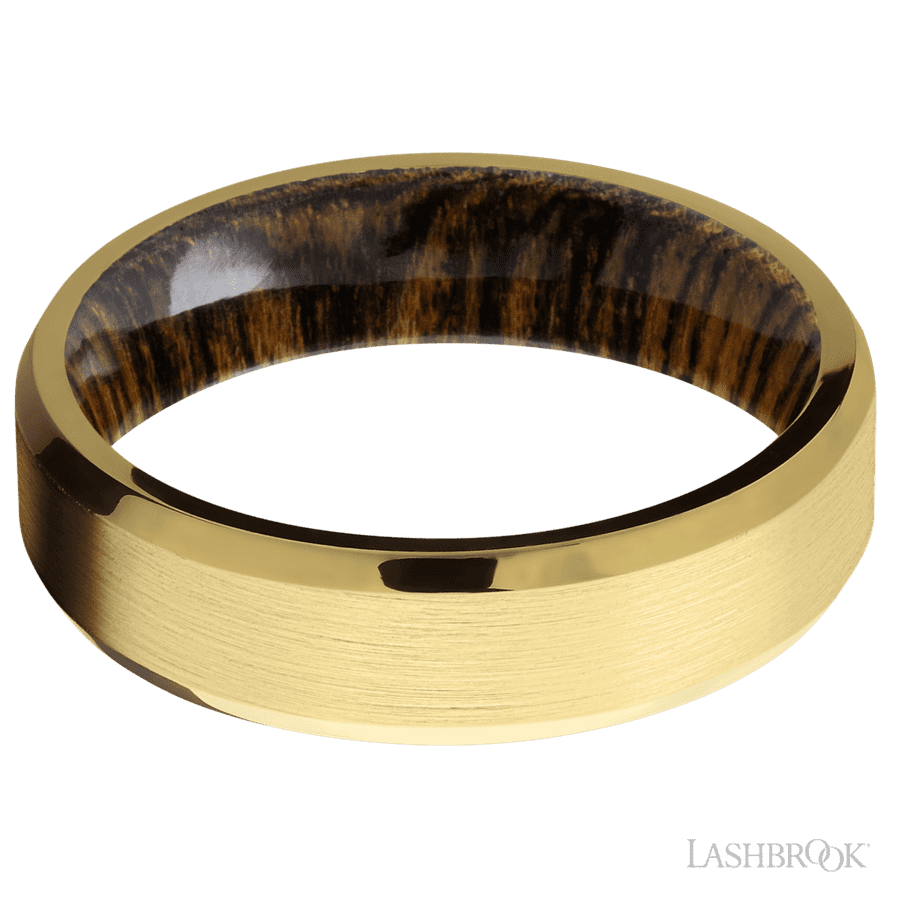 6 mm wide Beveled 18K Yellow Gold band featuring a Bocote sleeve.