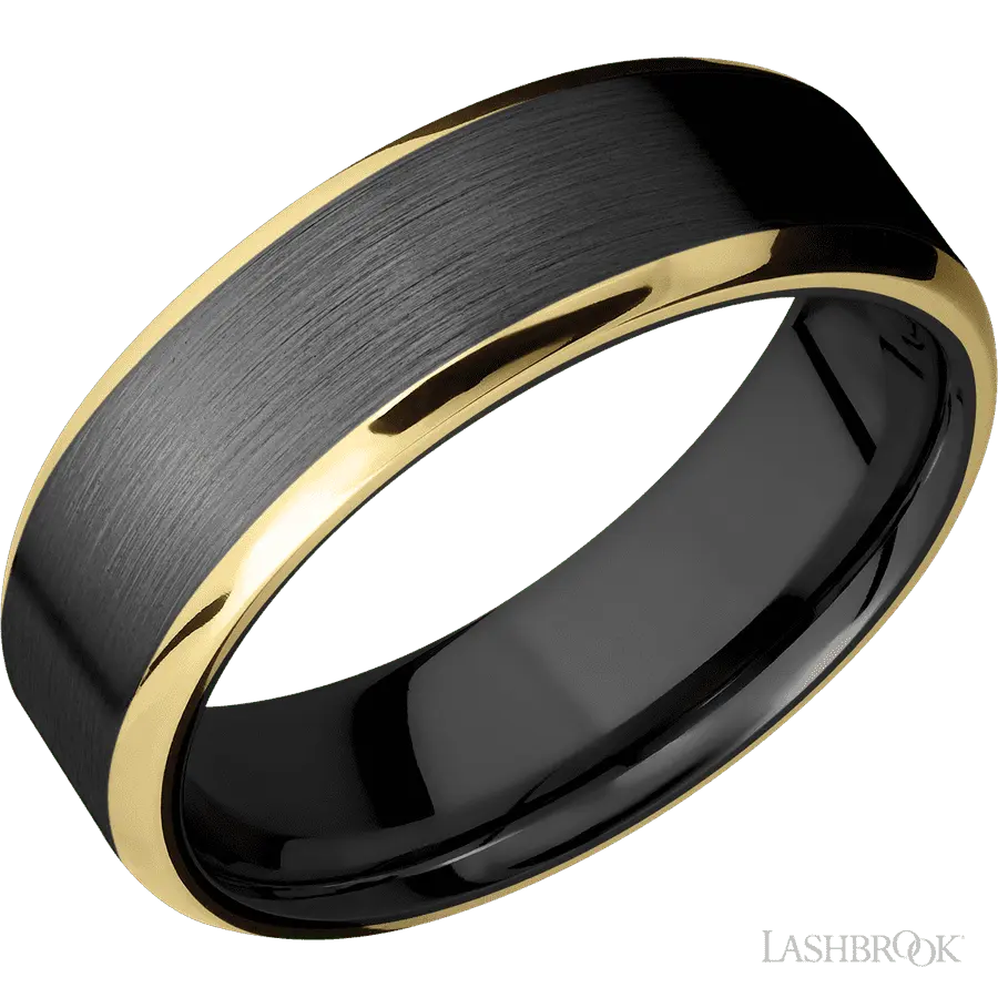 7 mm wide/Beveled/Zirconium band with two 1 mm Edge inlays of 14K Yellow Gold.
