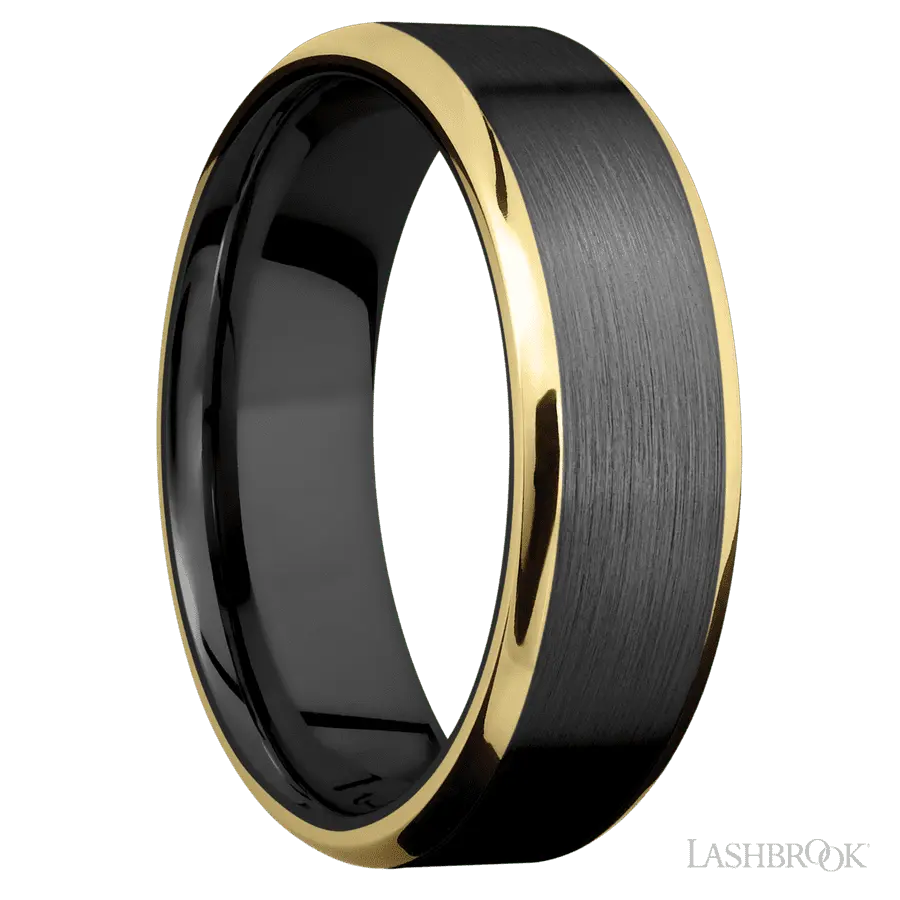 7 mm wide/Beveled/Zirconium band with two 1 mm Edge inlays of 14K Yellow Gold.